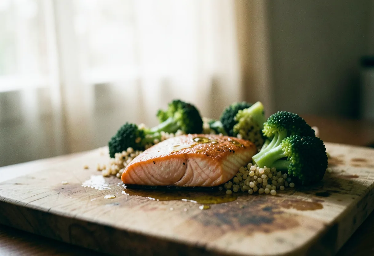 Wooden cutting board with eggs, chicken, beans, nuts, and fish for protein-rich foods.