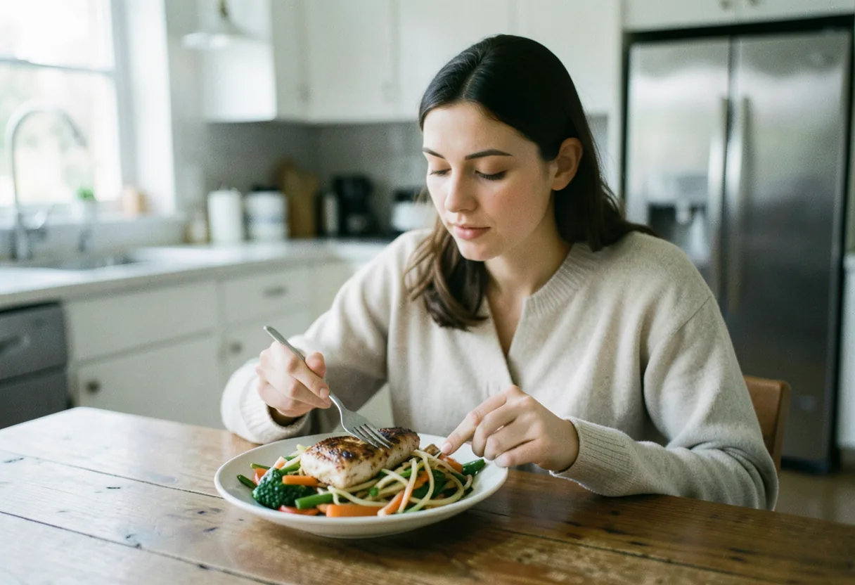 Woman at wooden table, measuring food portions, 1200 Calories Per Day.