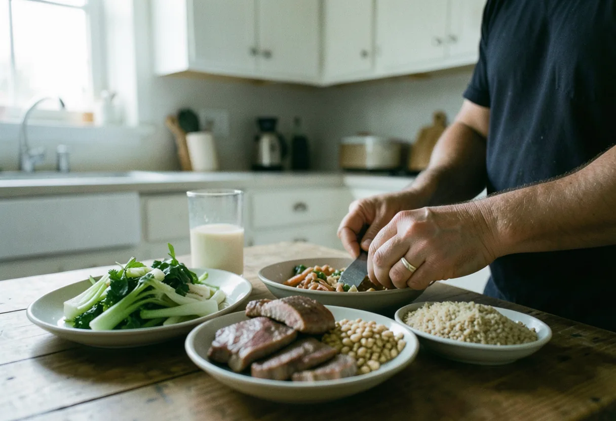 Wooden table with various GERD-friendly foods, soft natural lighting, 7-Day GERD Diet Plan.