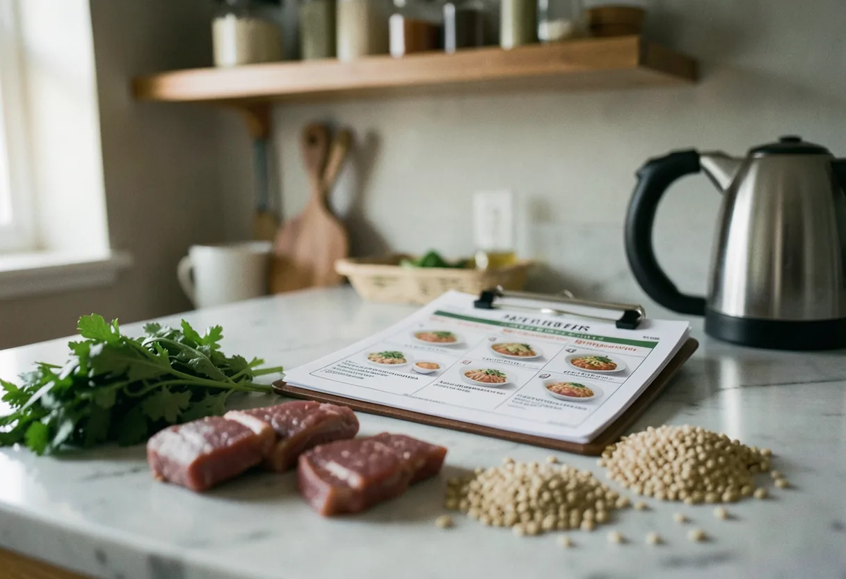 Marble countertop with assorted healthy foods for acid reflux meal plan.