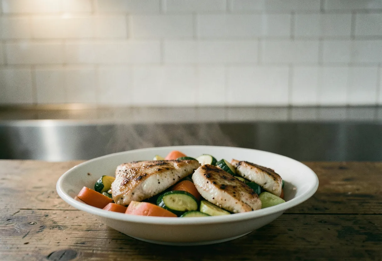 A steaming, ready-to-eat frozen meal designed for weight loss on a plain background.