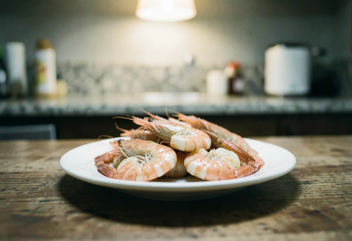 Worn wooden table with scattered shrimp, soft lighting, muted colors, blood sugar concept.