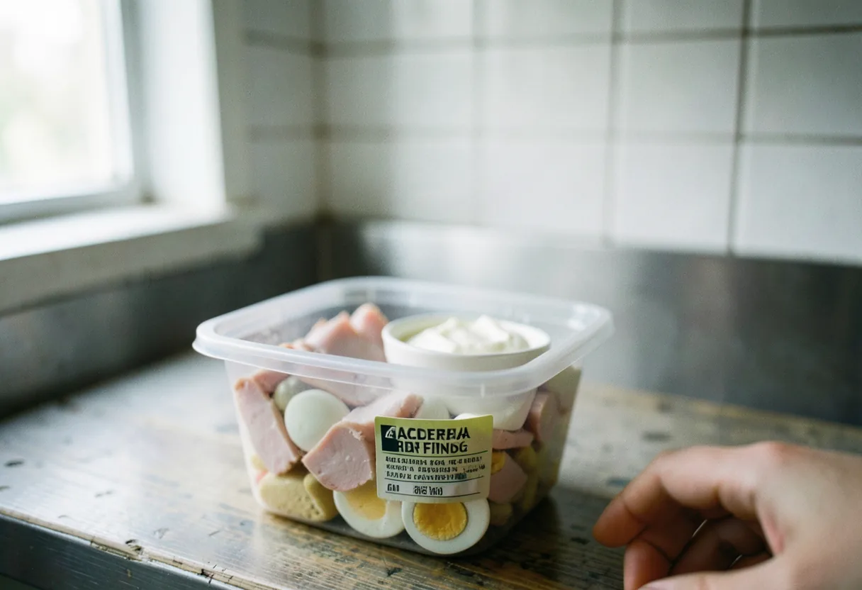 Assorted high-protein snacks in clear container, soft lighting, muted colors.